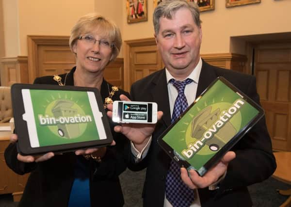 The Mayor Alderman Hilary McClintock pictured with Dessie McCrystal at the launch of council's new waste management app