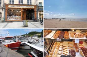 Normandy - clockwise from top left: a bookshop in Caen; a Normandy beach; a cake shop in Bayeux; colourful boats at Port en Bessin Pictures: Phil Smith