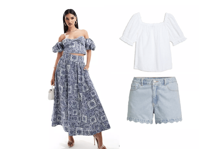 Abercrombie and Fitch matching skirt and top, and M&S broderie top with Very scalloped shorts