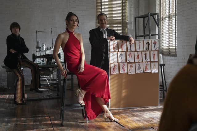 Elsa Peretti (Rebecca Dayan) in the stunning halter-neck dress designed by Halston in the 1970s, in Netflix’s Halston