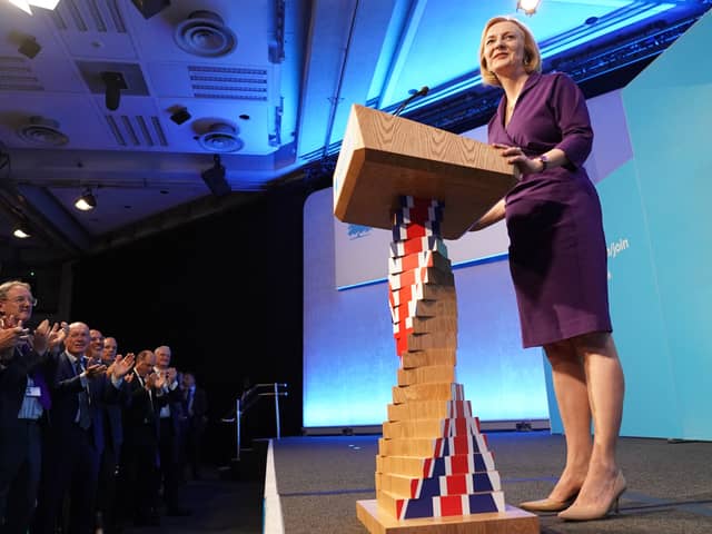 Foreign Secretary Liz Truss delivers an acceptance speech at the Queen Elizabeth II Conference Centre in Westminster after being announced the winner of the Conservative Party leadership contest in London