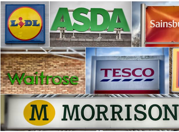<p>BRISTOL, ENGLAND - NOVEMBER 18:  In this composite image, the logos of the UK’s leading supermarkets (Left to right from top row) Lidl, Asda, Sainsbury’s (Middle row left to right) Waitrose, Tesco and Aldi and bottom row Morrisons (Photo by Matt Cardy/Getty Images)</p>