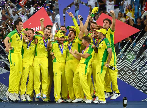 <p>Aaron Finch lifts ICC World Cup Trophy with Australia in 2021</p>