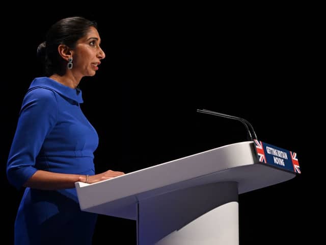 Britain’s Home Secretary Suella Braverman addresses delegates on the third day of the annual Conservative Party Conference. Credit: Getty Images