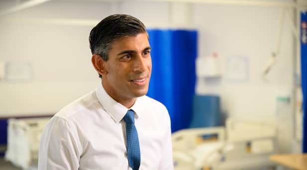 Prime Minister Rishi Sunak speaks with members of the media as he visits Croydon University hospital on October 28.