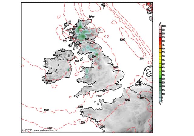 The Snow Risk Map from Netweather shows snow arriving in the Scottish Highlands  on Tuesday, and creeping into parts of Cumberland, Northumberland, Westmorland, Durham, Yorkshire and Wales by Friday