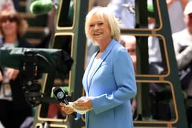 Presenter of the Centre Court Centenary Ceremony, BBC Presenter & Former Tennis Player, Sue Barker smiles on day seven of The Championships Wimbledon 2022 at All England Lawn Tennis and Croquet Club on July 03, 2022 in London, England. (Photo by Ryan Pierse/Getty Images)