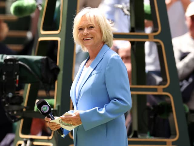 Presenter of the Centre Court Centenary Ceremony, BBC Presenter & Former Tennis Player, Sue Barker smiles on day seven of The Championships Wimbledon 2022 at All England Lawn Tennis and Croquet Club on July 03, 2022 in London, England. (Photo by Ryan Pierse/Getty Images)