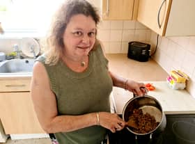 Alison Preest with food she has made for her YouTube channel ‘cooking on benefits’.  A savvy mum reveals the shopping and cooking hacks that enable her to cook meals for her family for as little - as 75p. 