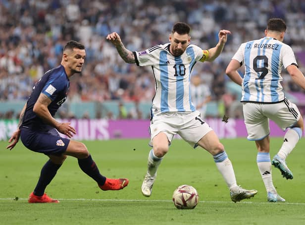 <p>Messi and Alvarez for Argentina at Lusail Stadium in semi-final</p>