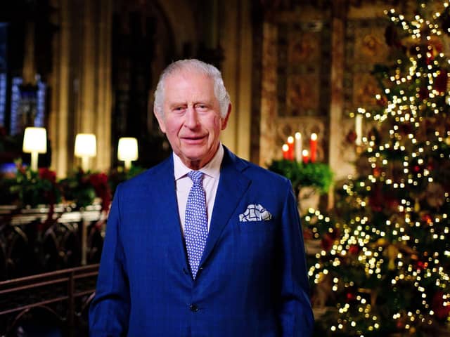  In this image released on December 23, King Charles III is seen during the recording of his first Christmas broadcast in the Quire of St George's Chapel at Windsor Castle, on December 13, 2022 in Windsor, England. (Photo by Victoria Jones - Pool/Getty Images)