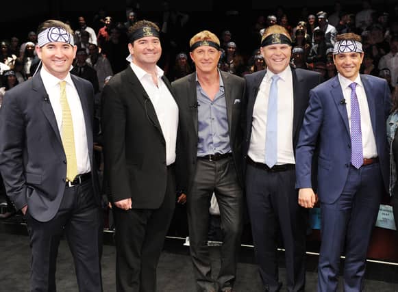 (L-R) Filmmakers Jon Hurwitz and Hayden Schlossberg actor Billy Zabka, filmmaker Josh Heald, and actor Ralph Macchio will be shutting the doors of the dojo as Cobra Kai comes to an end (Credit: Getty Images)