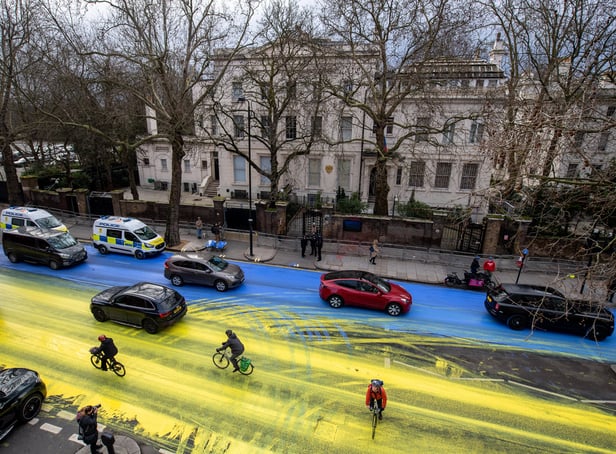 <p>The Ukraine flag painted on the road outside the Russian Embassy in London (Photo: Led by Donkeys)</p>