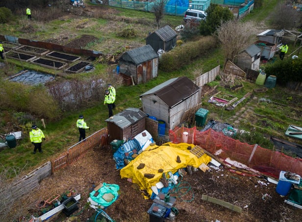 <p>A police search team works through an allotment area as they continue to search for the missing baby in Brighton (Photo by Leon Neal/Getty Images).</p>