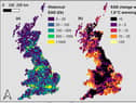 Maps show historical expected annual flood damage (EAD) in GBP billion at 2020 values, and calculated EAD percentage increase with 1.8 degrees global warming. (Credit: University of Bristol and Fathom)