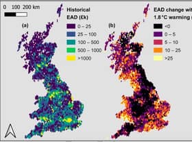 Maps show historical expected annual flood damage (EAD) in GBP billion at 2020 values, and calculated EAD percentage increase with 1.8 degrees global warming. (Credit: University of Bristol and Fathom)