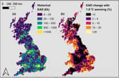 Maps show historical expected annual flood damage (EAD) in GBP billion at 2020 values, and calculated EAD percentage increase with 1.8 degrees global warming. (Credit: University of Bristol and Fathom)