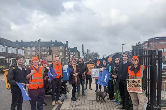 Junior doctors forming a picket line outside St George’s hospital on Monday (March 13) in London. Photo by Lynn Rusk
