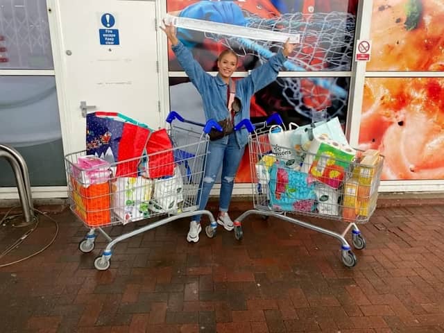 Only Fans star Amber O’Donnel at Tesco after shopping for her food parcel donations - Credit: SWNS