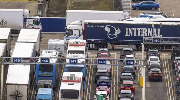 Archive image of trucks and passenger vehicles waiting to board ferries to France at the Port of Dover Ltd. in Dover, UK. Jason Alden/Bloomberg via Getty Images