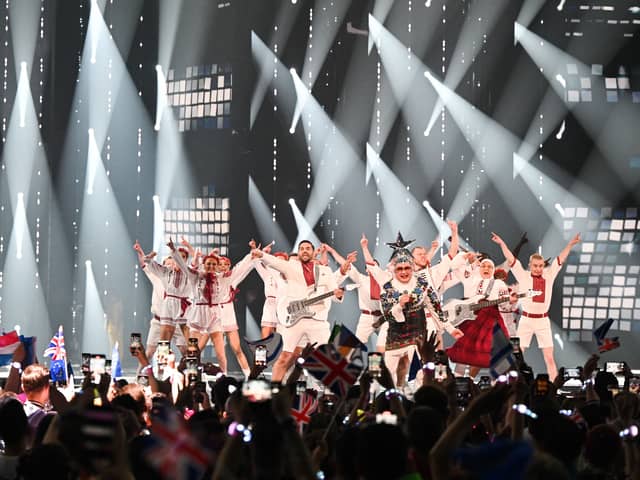 Ukrainian comedian Verka Serduchka performs during the final of the Eurovision Song contest 2023.