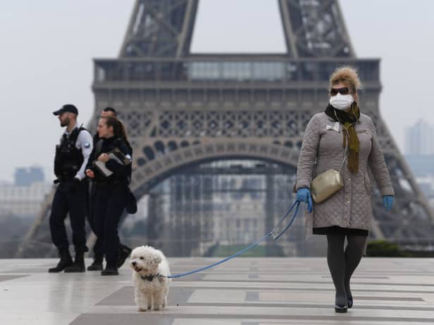 A woman wearing a protective mask walks her dog on the Esplanade du Trocadero square in front of the Eiffel Tower in March 2020 (Photo: Pascal Le Segretain/Getty Images)