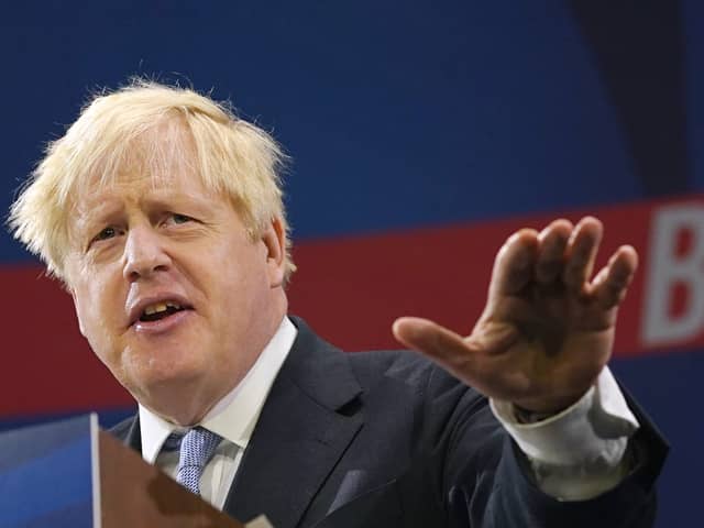 Boris Johnson delivers his leader's keynote speech during the Conservative Party conference at Manchester Central Convention Complex (Photo by Ian Forsyth/Getty Images)
