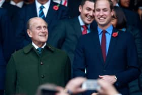 Prince Phillip and Prince William enjoy the build up to the 2015 Rugby World Cup Final match between New Zealand and Australia at Twickenham Stadium (Photo by Phil Walter/Getty Images)