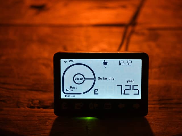 A smart meter displaying electricity usage is seen in a domestic property in south London.  Photo for illustrative purposes.