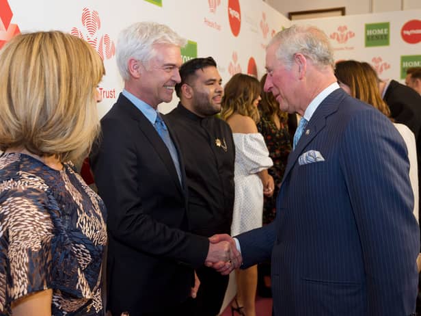 Phillip Schofield speaks to Prince Charles, now King Charles III, at The Prince’s Trust Awards at The London Palladium on March 6, 2018.