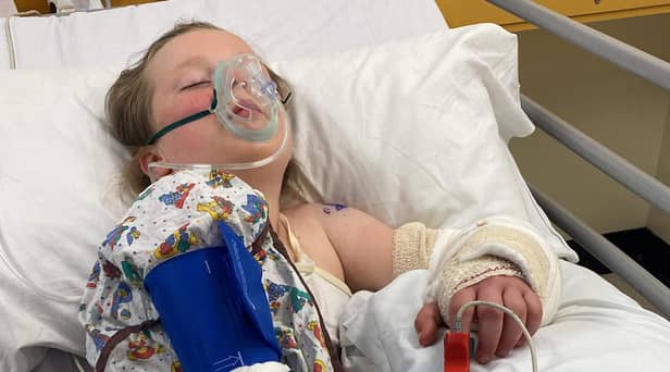 Annabell Rowdon in hospital after being mauled by a dog. 