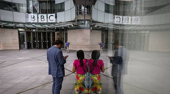 LONDON, ENGLAND - JULY 10: A general view of the front of BBC Broadcasting House on July 10, 2023 in London, England. Last week, the Sun newspaper published allegations that a BBC presenter had paid tens of thousands of pounds to a teenager in exchange for explicit photos. The broadcaster has said that a male presenter has been suspended while it conducts an investigation. (Photo by Leon Neal/Getty Images)