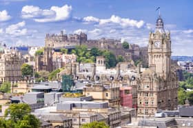 Edinburgh Castle with Cityscape from Calton Hill, Edinburgh, Scotland UK