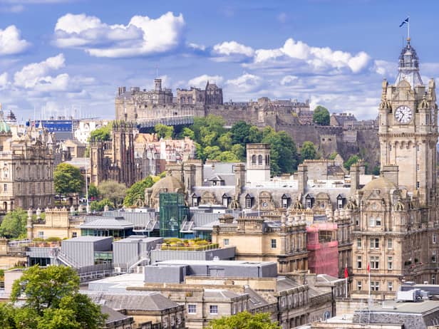 Edinburgh Castle with Cityscape from Calton Hill, Edinburgh, Scotland UK