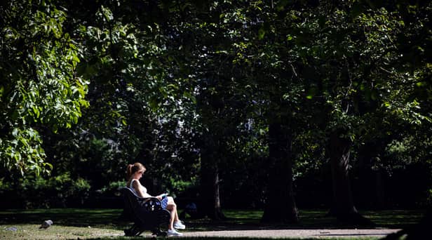 A woman reads a book on a bench in Green Park in central London on September 5, 2023 as the country experiences a late heatwave.