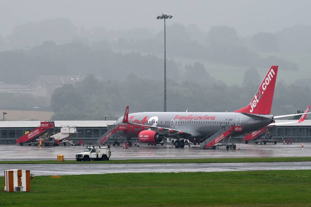 Jet2 passenger jets parked up on the runway at Leeds Bradford Airport.