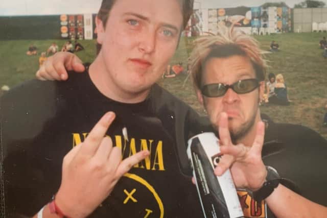Oh, to be young, nimble and able to stand up after sleeping on the floor. A young Benjamin (me) backstage at Leeds Festival with Jaret Reddick from Bowling For Soup (Credit: provided)