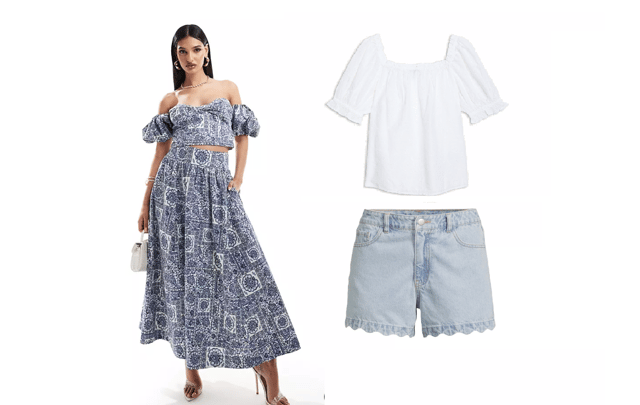 Abercrombie and Fitch matching skirt and top, and M&S broderie top with Very scalloped shorts