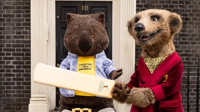 Compare the Market mascots Carl and Aleksandr appeared outside what looks remarkably like 10 Downing Street to mark the start of The Hundred.Photo released July 23 2024.