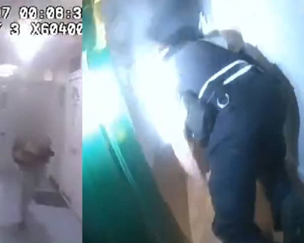 Police crawl into burning flat to rescue residents from fire.
