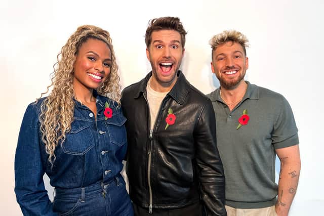 (L-R) I'm a Celebrity Unpacked hosts Kemi Rodgers, Joel Dommett and Sam Thompson. Photo: ITV