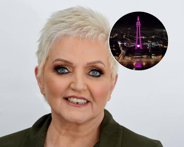 Linda Nolan has sadly passed away, aged 65. Inset: Tower lit up pink for Linda