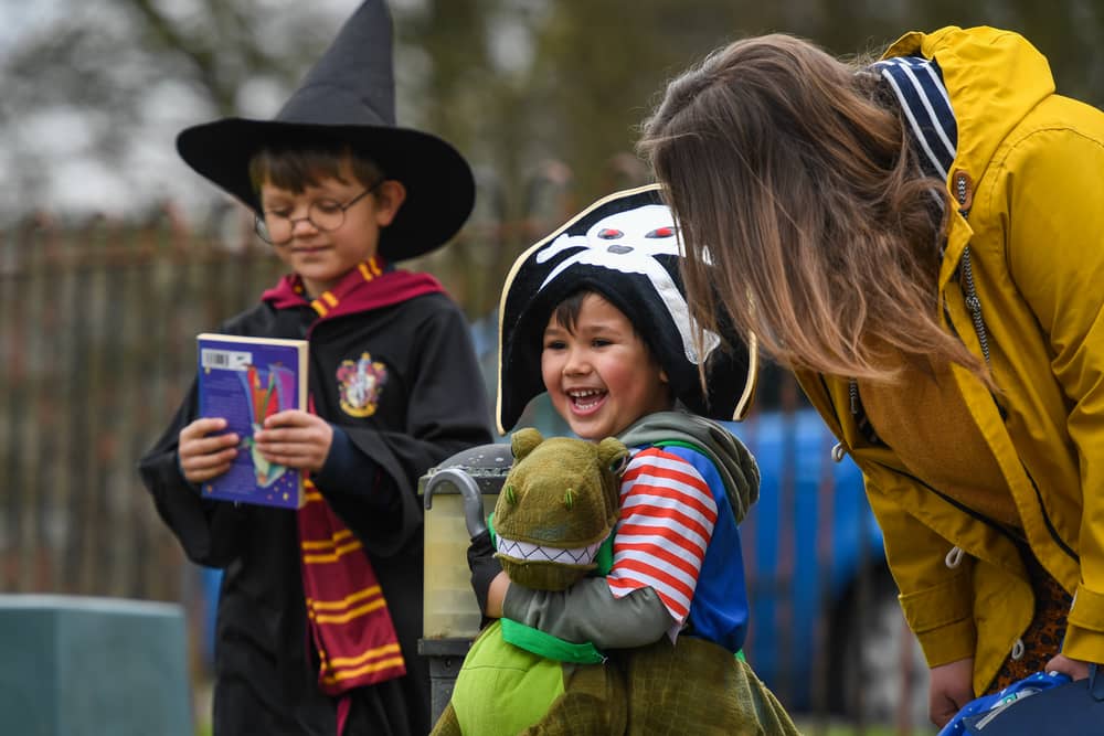 Children dressed up for World Book Day are welcomed to school by their headteacher in 2021 (Photo: Finnbarr Webster/Getty Images)