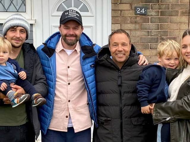 Bethany Fletcher and partner Dylan Naylor with kids Theo and Louis, and actor Stephen Graham, outside their home used for filming in hit Netflix series Adolescence.