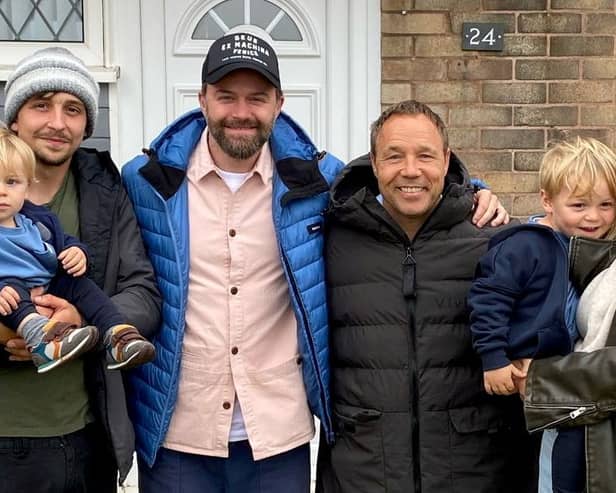 Bethany Fletcher and partner Dylan Naylor with kids Theo and Louis, and actor Stephen Graham, outside their home used for filming in hit Netflix series Adolescence.