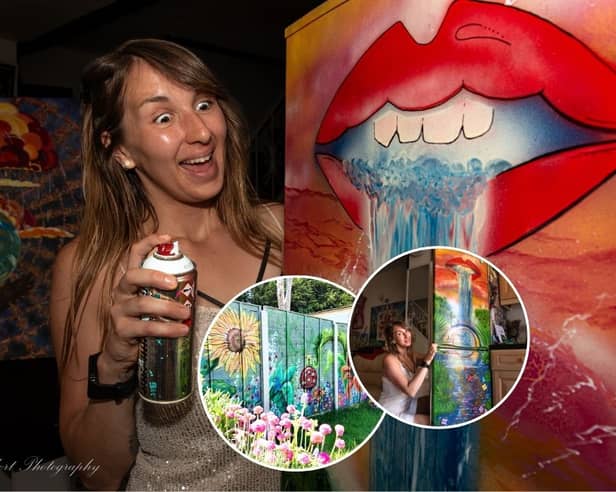 Omani Hamer has transformed her rented home into a colourful living space by painting vibrant murals on her garden fence and her fridge.