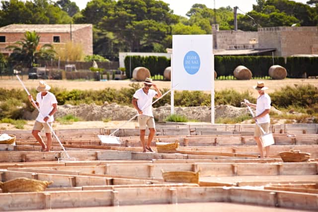 The salineros - or salt farmers - harvesting Flor de Sal at the Salinas d'Es Trenc salt flats