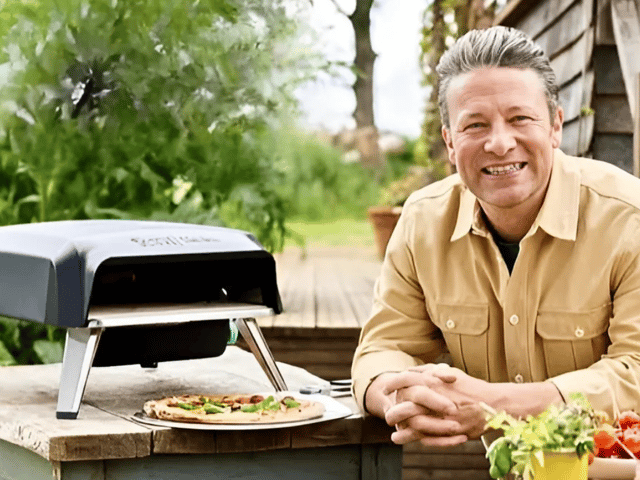 Jamie Oliver with his Tefal gas pizza oven, designed for quick, even-cooked homemade pizzas in the garden