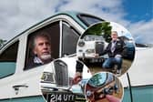 Dennis Jackson from Preston in his 1958 Wolesley classic car. Inset: Demonstrating how he uses a 'crank handle' to start the engine, and places a clothes peg on the choke button. All photos credit Lucinda Herbert