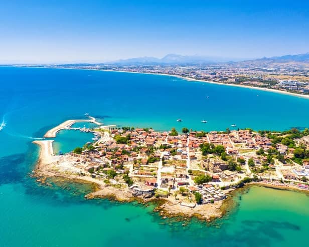 Aerial view of the coastline near Side, Antalya – a popular spot for all-inclusive beach holidays in Turkey
